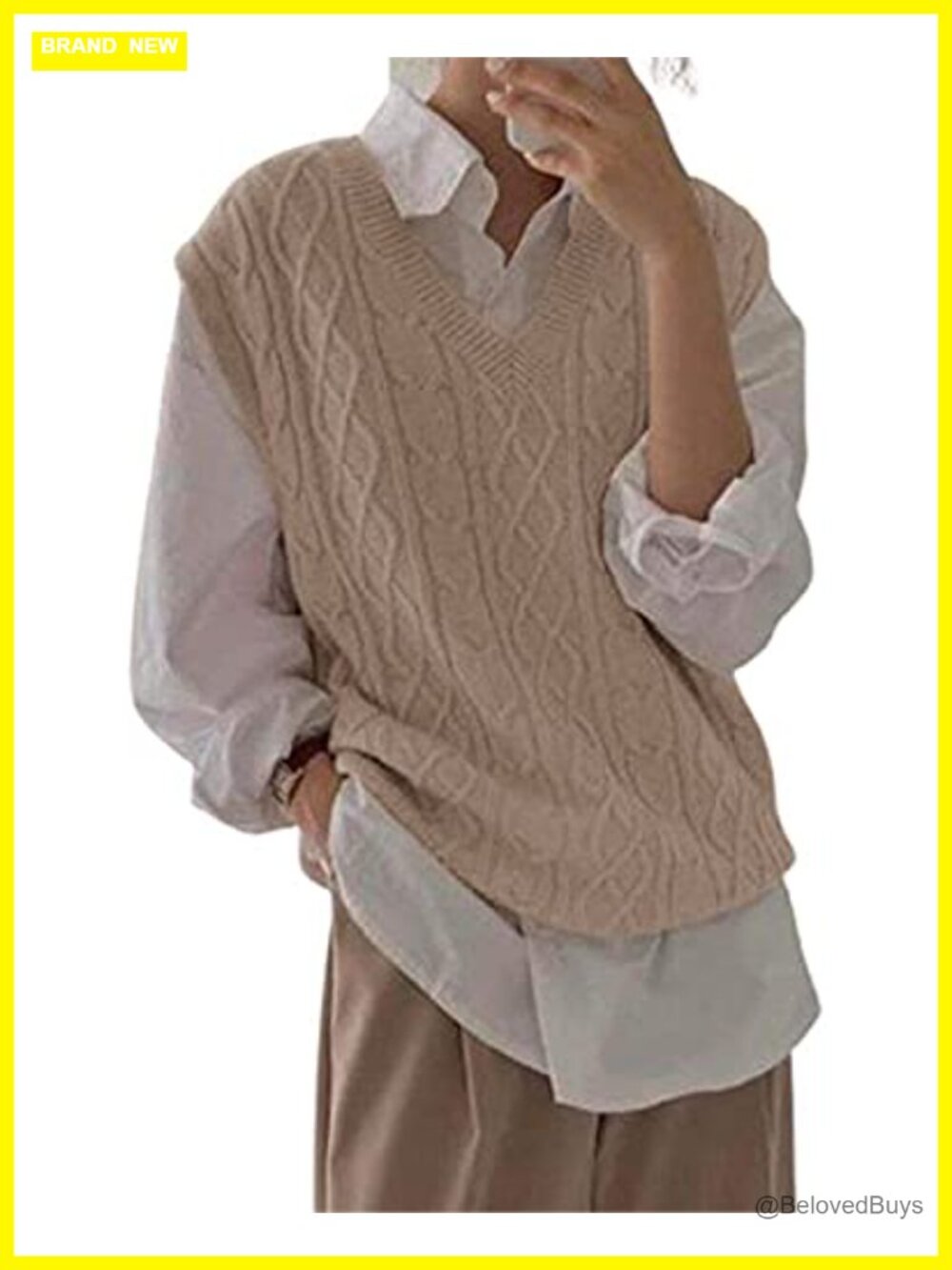 V Neck Cable Knit Sweater Vest Oversized Sleeveless Loose Fit